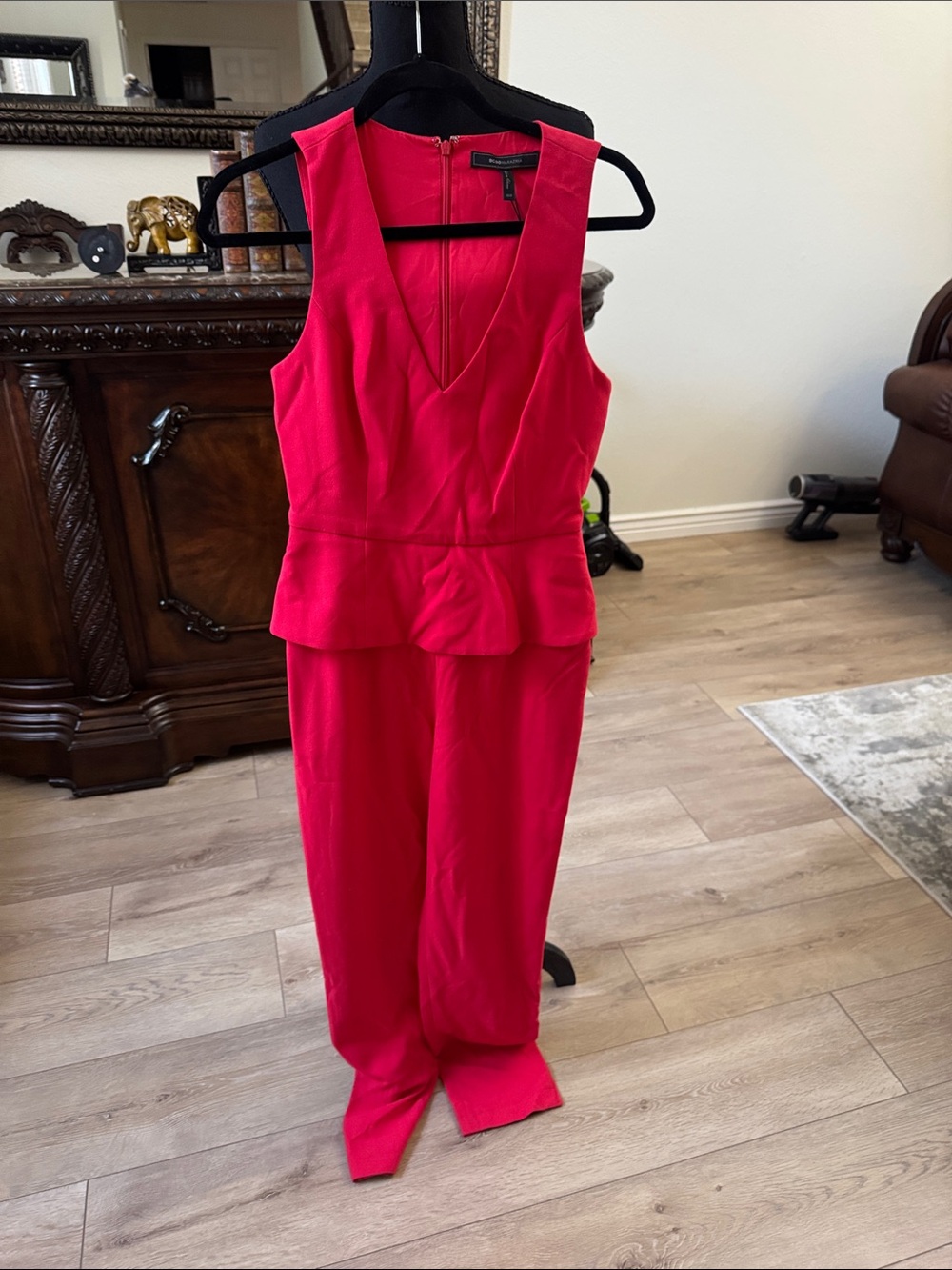 BCBGMaxAzria Fuchsia Sleeveless V-Neck Peplum Jumpsuit